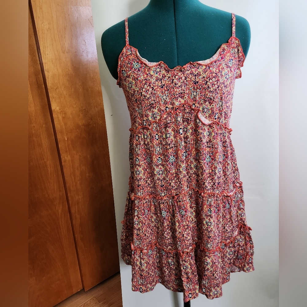 Lightly Used As U Wish Coral Multi Floral Smocked Camisole Dress